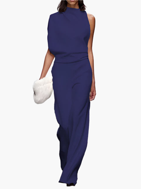 Dames Jumpsuit Mouwloos met Wijde Pijpen en Ronde Hals Donkerblauw