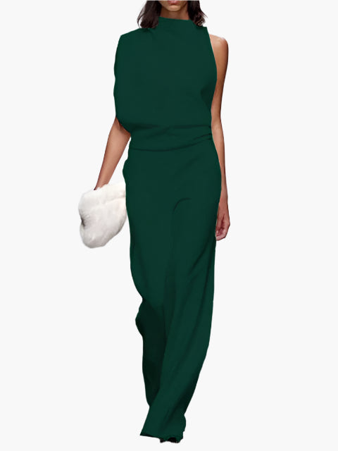 Dames Jumpsuit Mouwloos met Wijde Pijpen en Ronde Hals Donkergroen
