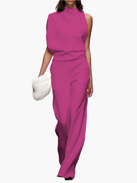 Dames Jumpsuit Mouwloos met Wijde Pijpen en Ronde Hals Rozenrood