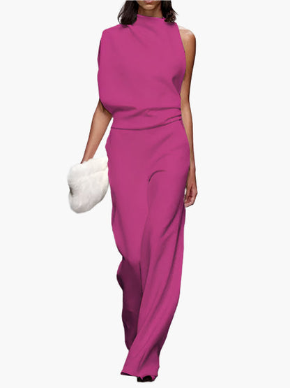 Dames Jumpsuit Mouwloos met Wijde Pijpen en Ronde Hals Rozenrood