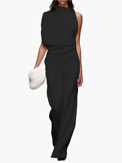 Dames Jumpsuit Mouwloos met Wijde Pijpen en Ronde Hals Zwart
