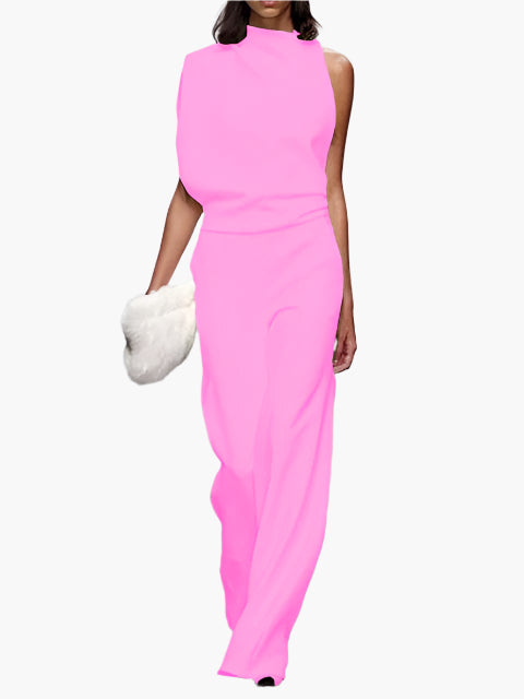 Dames Jumpsuit Mouwloos met Wijde Pijpen en Ronde Hals Roze