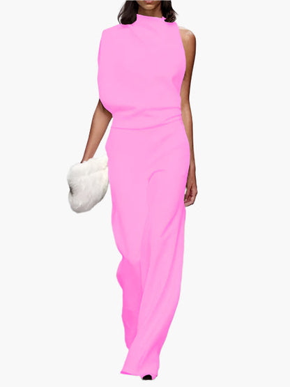 Dames Jumpsuit Mouwloos met Wijde Pijpen en Ronde Hals Roze