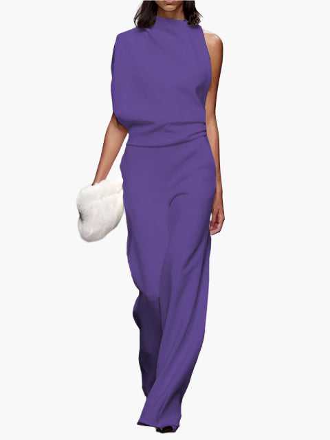 Dames Jumpsuit Mouwloos met Wijde Pijpen en Ronde Hals Paars