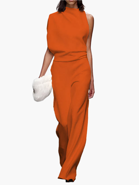 Dames Jumpsuit Mouwloos met Wijde Pijpen en Ronde Hals Oranje