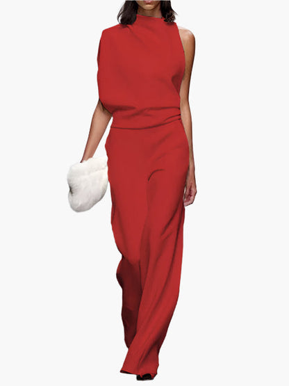 Dames Jumpsuit Mouwloos met Wijde Pijpen en Ronde Hals Rood