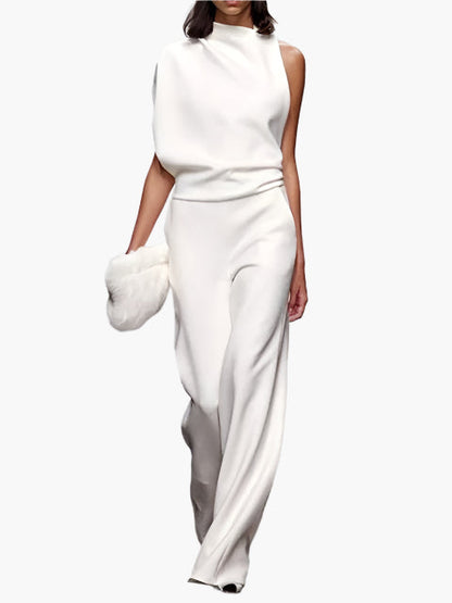 Dames Jumpsuit Mouwloos met Wijde Pijpen en Ronde Hals Wit
