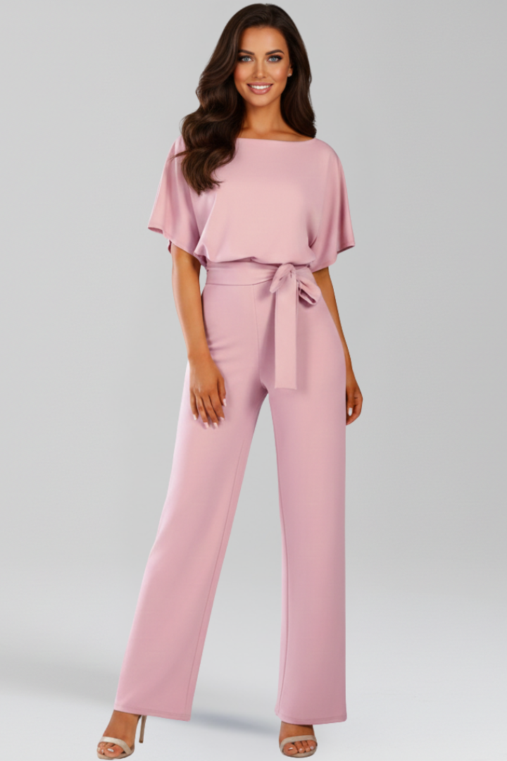 Dames Jumpsuit Wide-Leg met Strikceintuur en Boothals Korte Mouw Roze