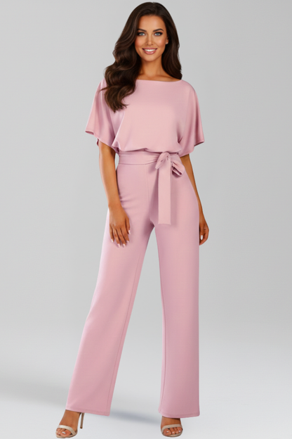 Dames Jumpsuit Wide-Leg met Strikceintuur en Boothals Korte Mouw Roze