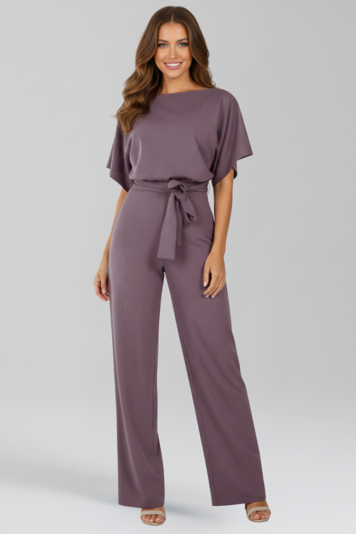 Dames Jumpsuit Wide-Leg met Strikceintuur en Boothals Korte Mouw Paars