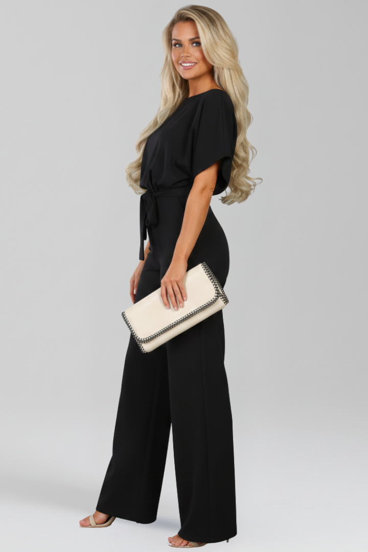 Dames Jumpsuit Wide-Leg met Strikceintuur en Boothals Korte Mouw