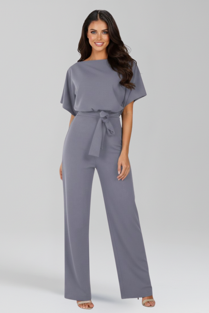 Dames Jumpsuit Wide-Leg met Strikceintuur en Boothals Korte Mouw Grijs