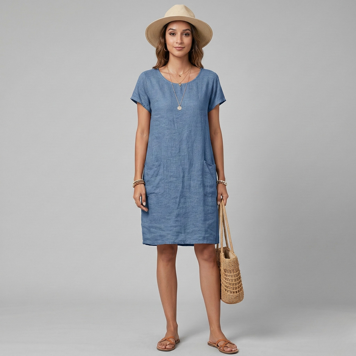 Dames Jurk Korte Mouw met Ronde Hals en Zakken Blauw