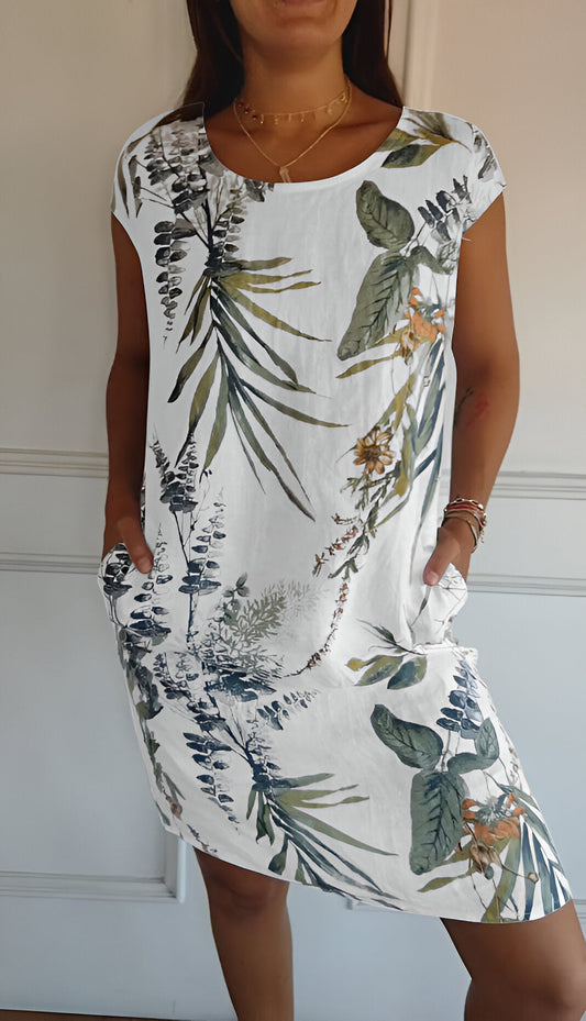 Dames Jurk Mouwloos met Ronde Hals en Tropische Print en Zijzakken Wit Groen