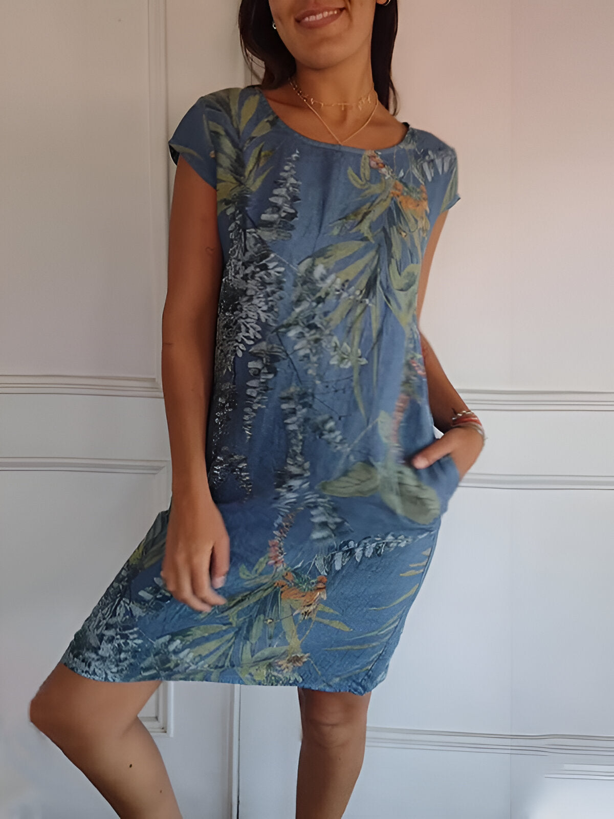 Dames Jurk Mouwloos met Ronde Hals en Tropische Print en Zijzakken