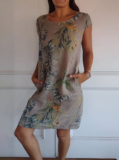 Dames Jurk Mouwloos met Ronde Hals en Tropische Print en Zijzakken