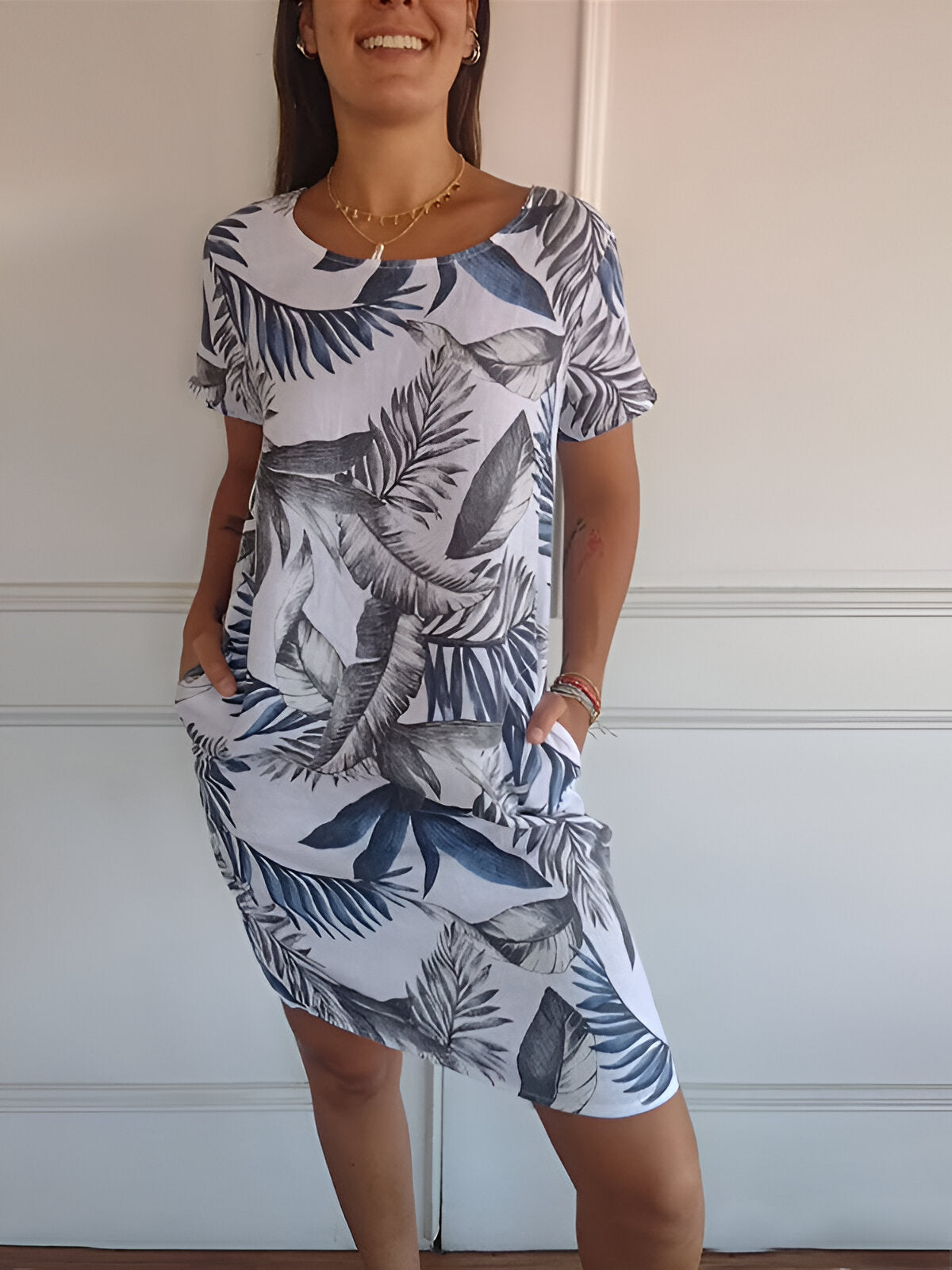 Dames Jurk Mouwloos met Ronde Hals en Tropische Print en Zijzakken