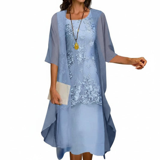 Dames Kanten Jurk met Chiffon Overslag en Halflange Mouwen