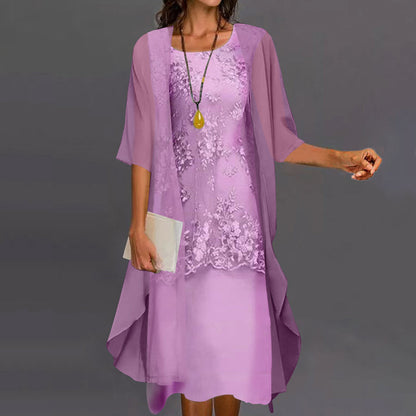 Dames Kanten Jurk met Chiffon Overslag en Halflange Mouwen Mauve