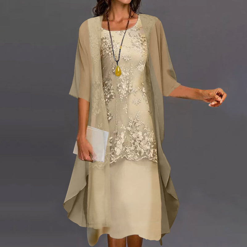 Dames Kanten Jurk met Chiffon Overslag en Halflange Mouwen Beige