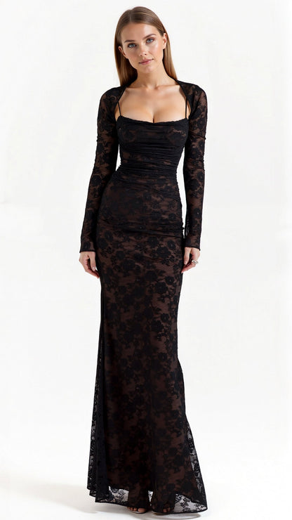 Dames Kanten Maxi Jurk met Corset en Lange Mouwen Zwart