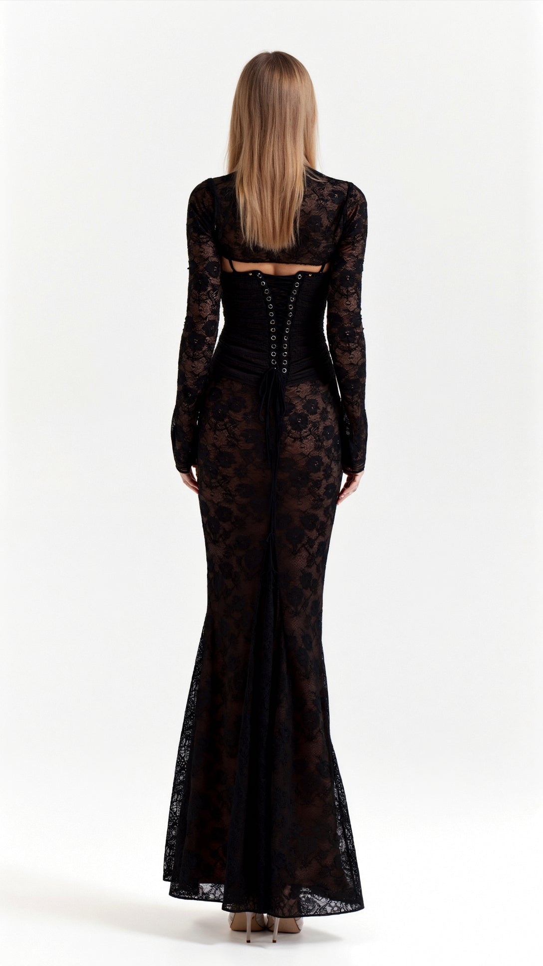 Dames Kanten Maxi Jurk met Corset en Lange Mouwen