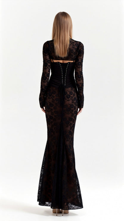 Dames Kanten Maxi Jurk met Corset en Lange Mouwen