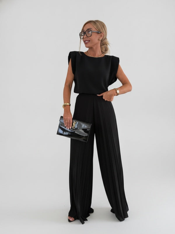 Dames Kleding Set Mouwloos met Geplisseerde Wijde Broek en Ronde Hals