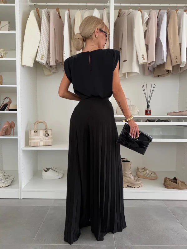 Dames Kleding Set Mouwloos met Geplisseerde Wijde Broek en Ronde Hals