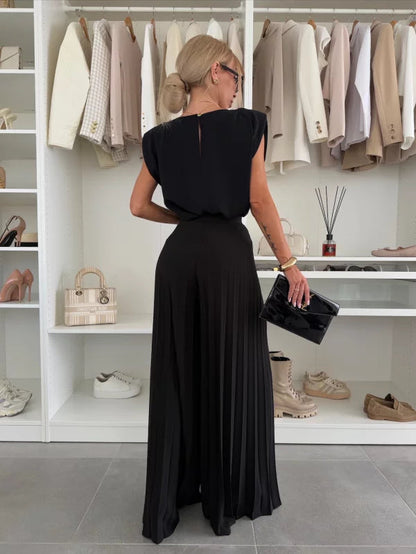 Dames Kleding Set Mouwloos met Geplisseerde Wijde Broek en Ronde Hals