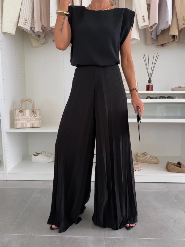 Dames Kleding Set Mouwloos met Geplisseerde Wijde Broek en Ronde Hals