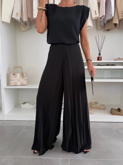 Dames Kleding Set Mouwloos met Geplisseerde Wijde Broek en Ronde Hals