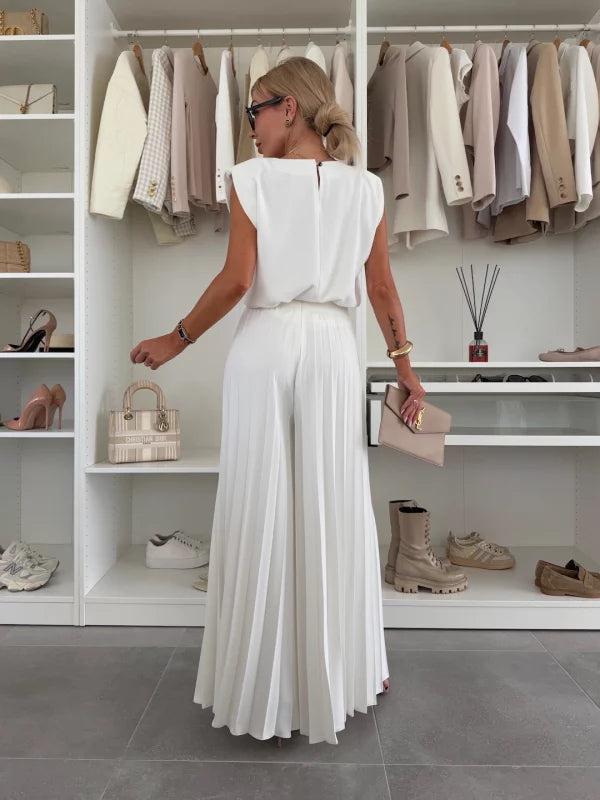 Dames Kleding Set Mouwloos met Geplisseerde Wijde Broek en Ronde Hals