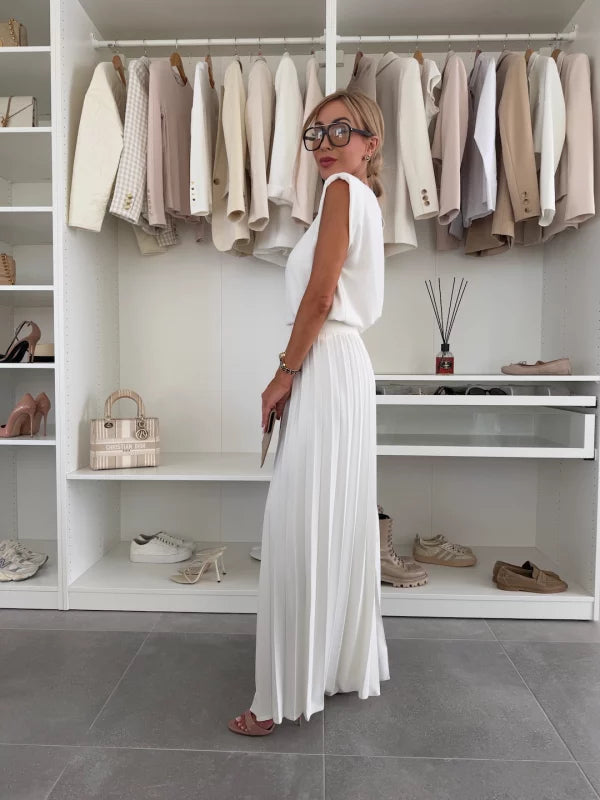 Dames Kleding Set Mouwloos met Geplisseerde Wijde Broek en Ronde Hals