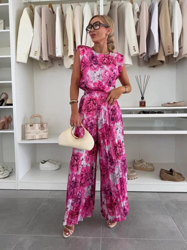 Dames Kleding Set Mouwloos met Geplisseerde Wijde Broek en Ronde Hals Roze