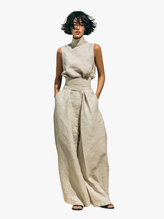 Dames Kleding Set Mouwloze Top met Rolkraag en Wijde Broek