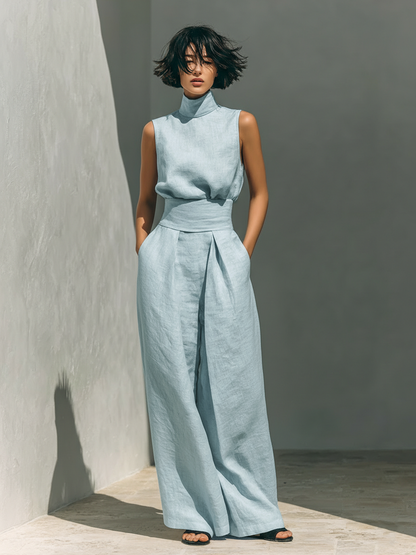 Dames Kleding Set Mouwloze Top met Rolkraag en Wijde Broek Lichtblauw