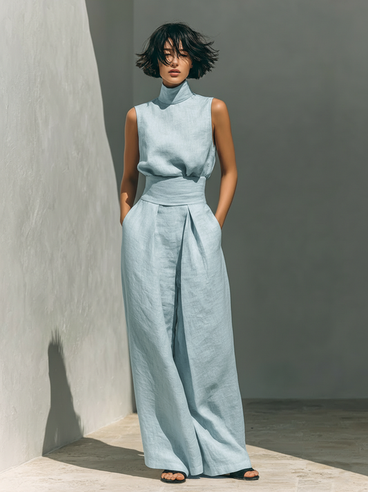 Dames Kleding Set Mouwloze Top met Rolkraag en Wijde Broek Lichtblauw
