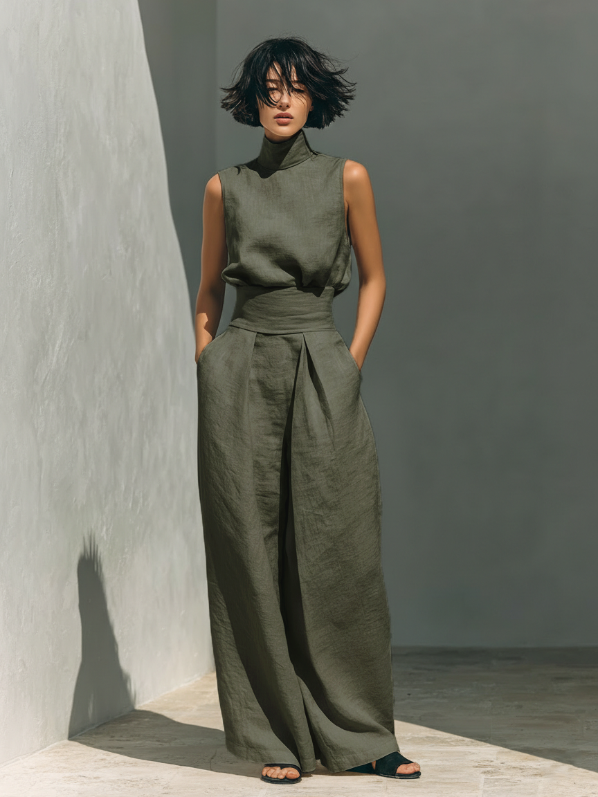 Dames Kleding Set Mouwloze Top met Rolkraag en Wijde Broek Legergroen