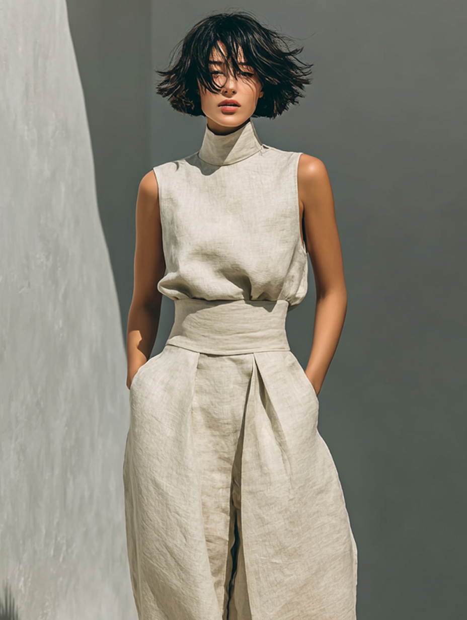 Dames Kleding Set Mouwloze Top met Rolkraag en Wijde Broek