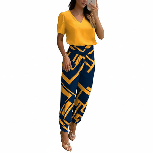 Dames Kledingset met V-hals Top en Geprinte Broek