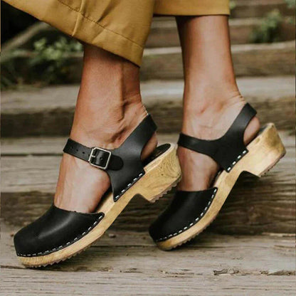 Dames Klompen Sandalen met Enkelbandje en Gesp op Blokhak