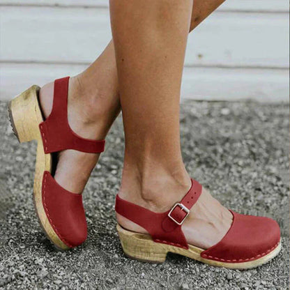Dames Klompen Sandalen met Enkelbandje en Gesp op Blokhak