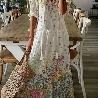 Dames Lange Jurk met Bloemenprint en Ruches