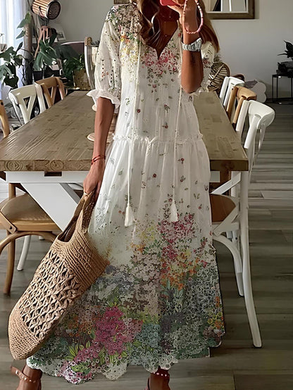 Dames Lange Jurk met Bloemenprint en Ruches Bloementuin