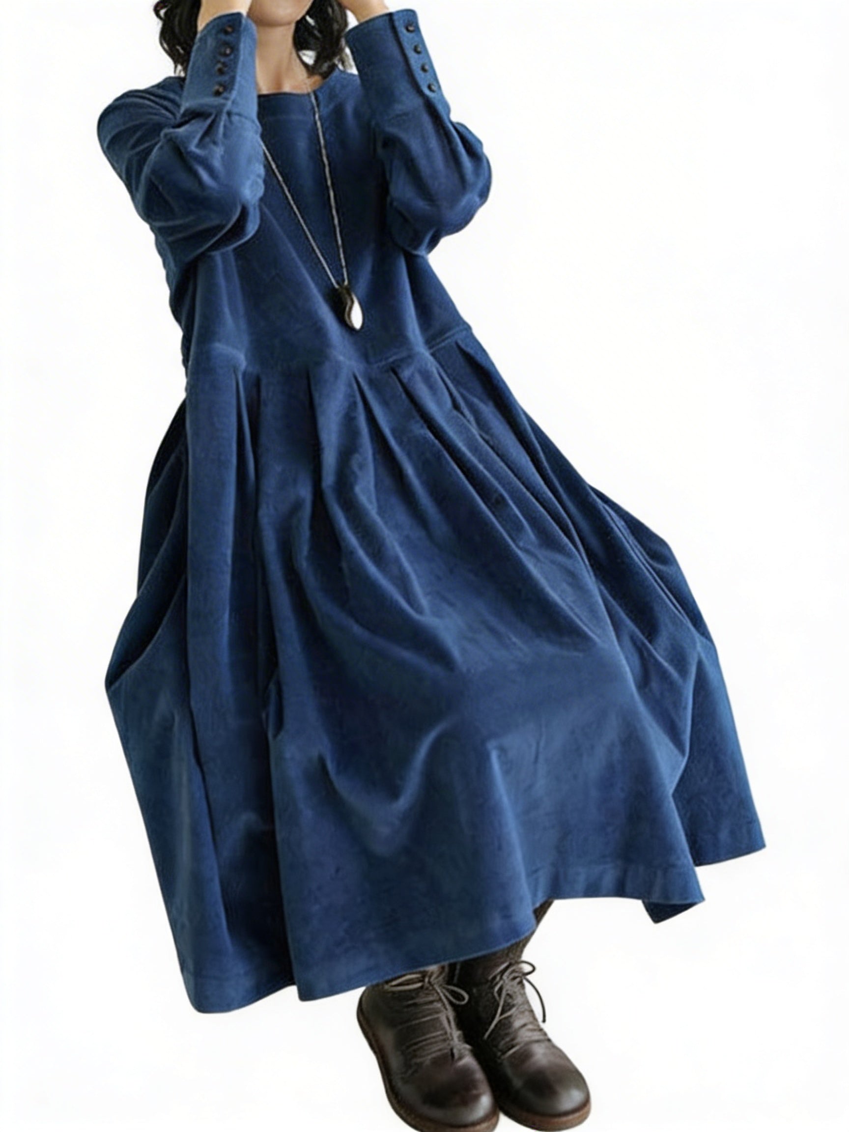 Dames Lange Jurk met Ronde Hals en Plooirok met Knoopdetails