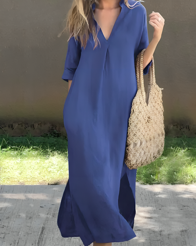 Dames Lange Jurk met V-hals en Kraag Blauw