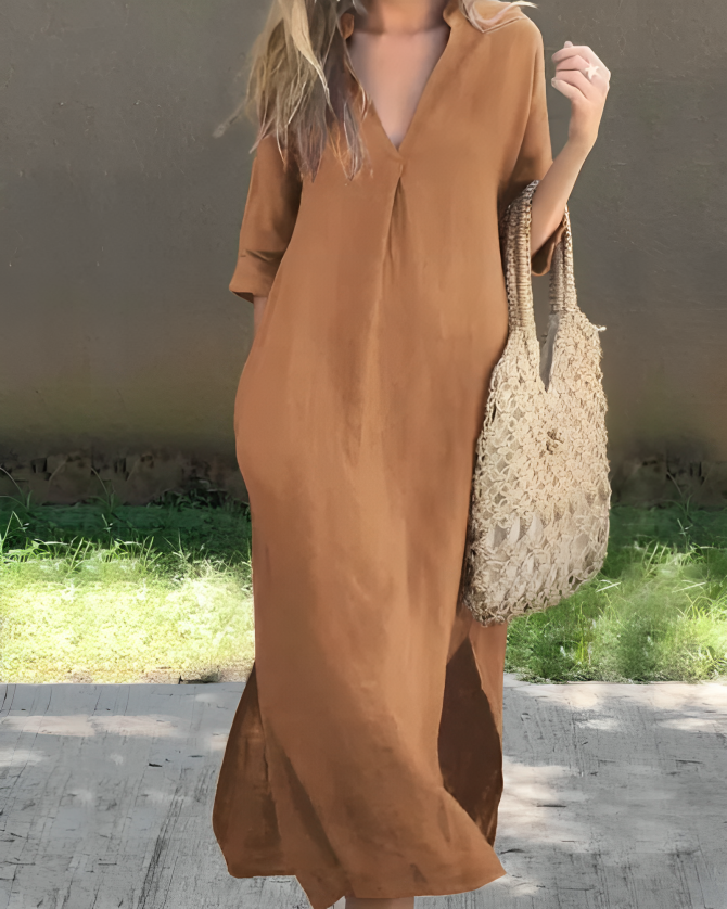 Dames Lange Jurk met V-hals en Kraag Camel