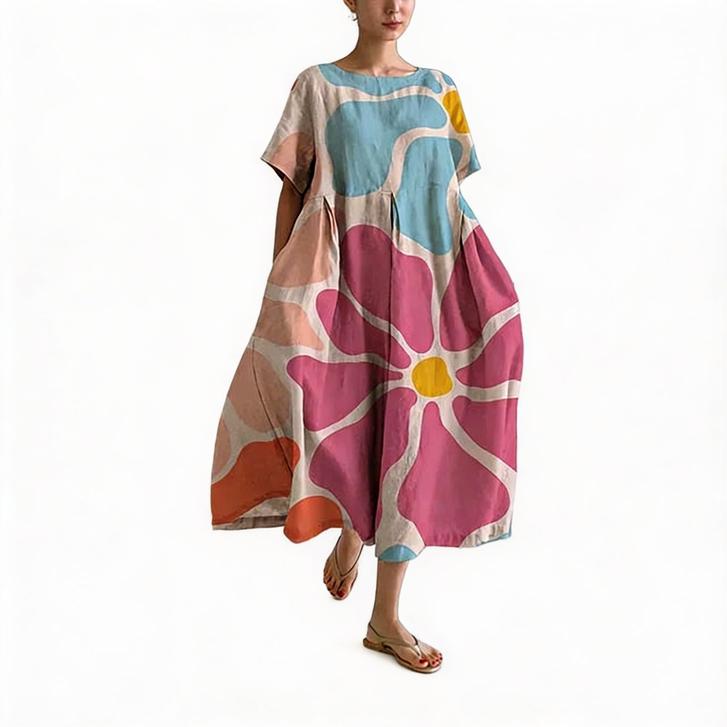 Dames Lange Oversized Jurk met Korte Mouwen en Ronde Hals met Bloemenprint