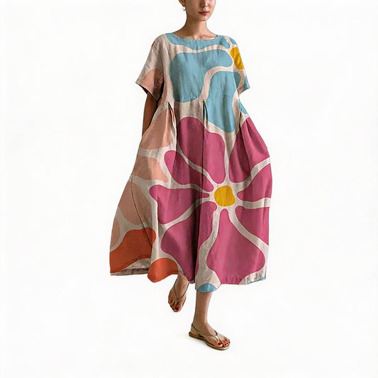 Dames Lange Oversized Jurk met Korte Mouwen en Ronde Hals met Bloemenprint